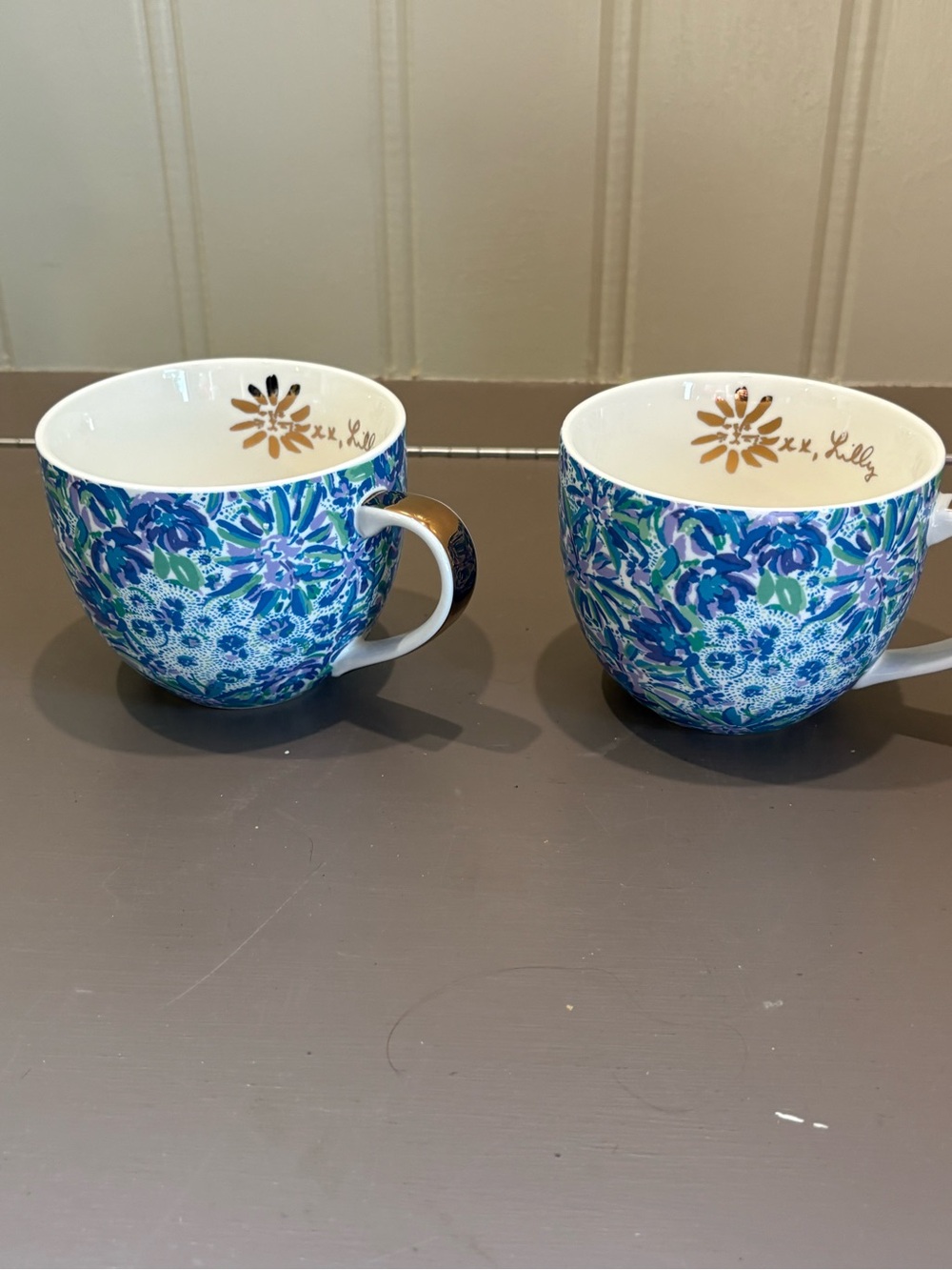 Lilly Pulitzer Blue, Green and Gold Floral Porcelain Mugs - Set of 2